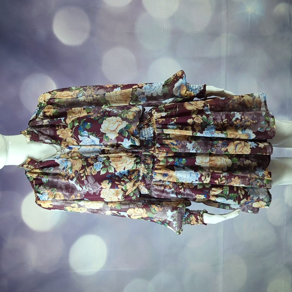 Halogen sz M Exquisite Floral Ruffled Lined Dress with Sheer Long Sleeves